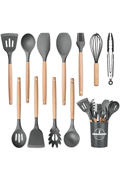 Deliny Set of 12 Silicone Cooking Utensils, DELINY, with Bamboo Handle, Gray