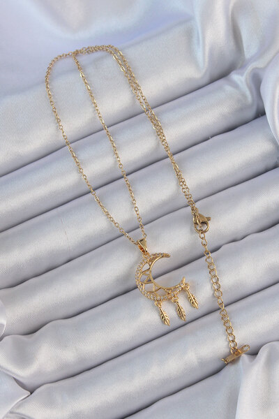 Skygo 316L Steel Chain Gold Color Engraved Zircon Stone Moon Necklace - Tj-Bko9171