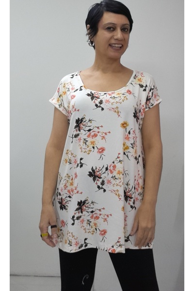 Mertcan Butik Cream Floral Print Size Fits All Low Sleeve Combed Viscose T-Shirt