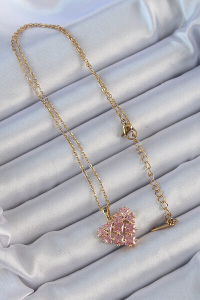 Skygo 316L Steel Chain Gold Color Pink Segmented Zircon Stone Heart Necklace - Tj-Bko9163