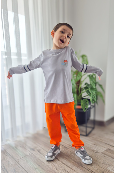 BALKABAĞI Basketball Orange-Grey Back Printed Boys' Leggings Ribbed Knit Piece Tracksuit Set (2-9 Years)