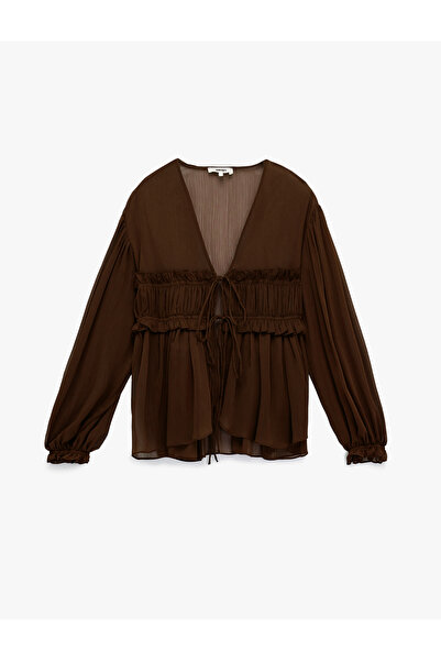 Koton Long Sleeve See-Through V-Neck Ruffle Detail Front Tie-Up Tulle Blouse