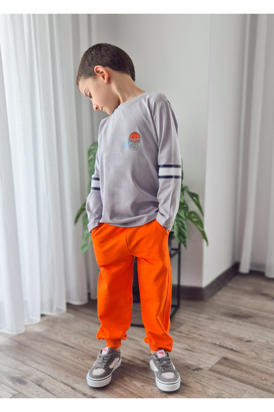My Baby's World Basketball Orange-Grey Back Printed Transitional Boys Tracksuit Set (2-9 Years)