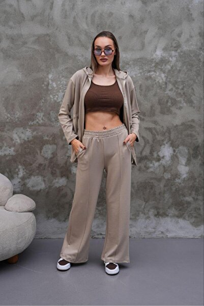 Elaxi Women's Waist Drawstring Pocket Detailed Zippered Modal Two-Piece Set