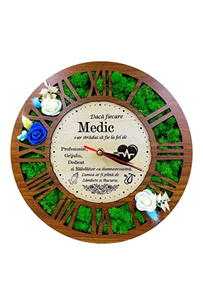 OEM Wall clock decorated with stabilized lichens, personalized message for Doctor, 30 cm, walnut