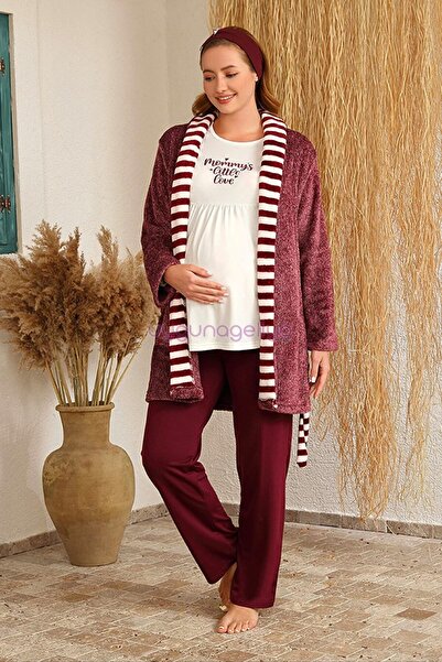 Bordo Renk 4419 Uzun Kol 3'lü ve Wellsoft Sabahlıklı Hamile Pijama Takım Set