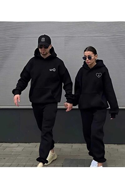 NZN COLLECTION Uniszex női férfi szerelmes pár kombinált kulcsos szívvel nyomtatott kapucnis alsó-felső tréningruha szett 2 részes