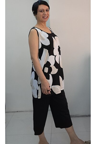 Mertcan Butik Black and White Floral Print Capri Set with Thick Straps on the Top and Bottom, with Pockets on the Bottom.