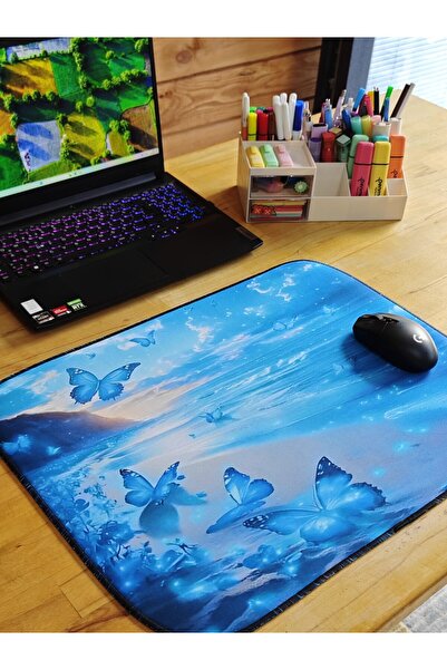 sgeteknoloji Sge Technology 55X45 cm Blue Butterflies Anti-Slip Base Speed Surface Gamer Mouse Pad Gaming Pad