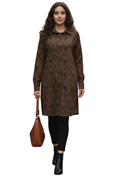 KADO Kahverengi zemin üzeri siyah Desenli, likralı, Cepli Uzun Gömlek Tunik –...
