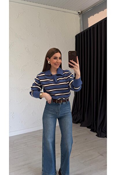 elif teke Pulover tricotat cu guler polo cu dungi Albastru