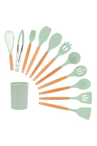 Deliny Set de 12 ustensile de gătit din silicon cu mâner din bambus, verde de...