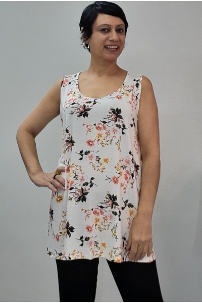 Mertcan Butik Cream Floral Print Thick Strap Combed Viscose T-Shirt