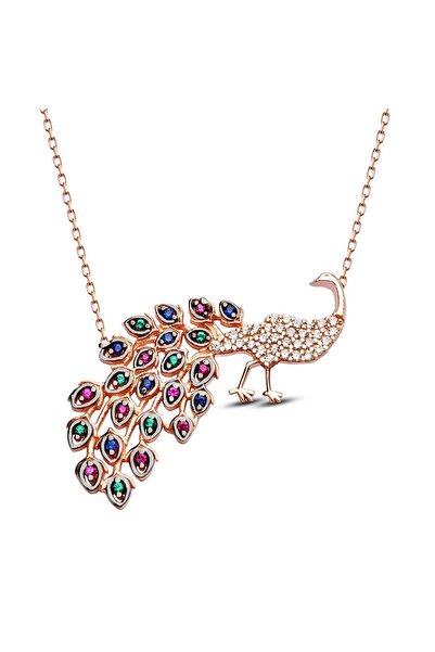 SARIASLAN Renkli Taşlı Tavus Kuşu Kolyesi 925 Ayar Kırmızı Altın Renginde