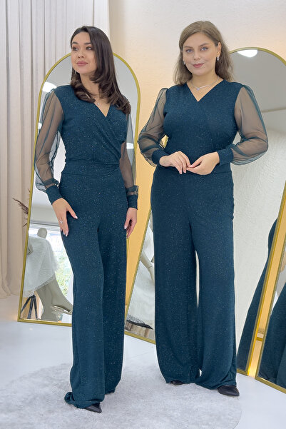 zks grup tekstil Women's Silvery Double-Breasted Neckline Tulle Sleeve Evening Dress Jumpsuit Purple, Black, Navy Blue, Burgundy, Silver, Green