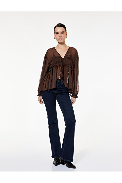 Koton Long Sleeve See-Through V-Neck Ruffle Detail Front Tie-Up Tulle Blouse