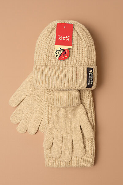 Uğur bebe Kitti 9-15 Years Old Ecru Fleece-Lined Hat Scarf Gloves 3-Piece Winter Set – Soft, Warm, and Stylish