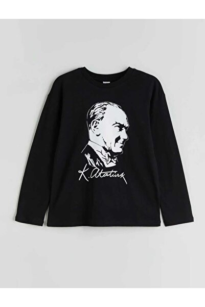 LC Waikiki Ataturk Printed Girls' Black T-Shirt