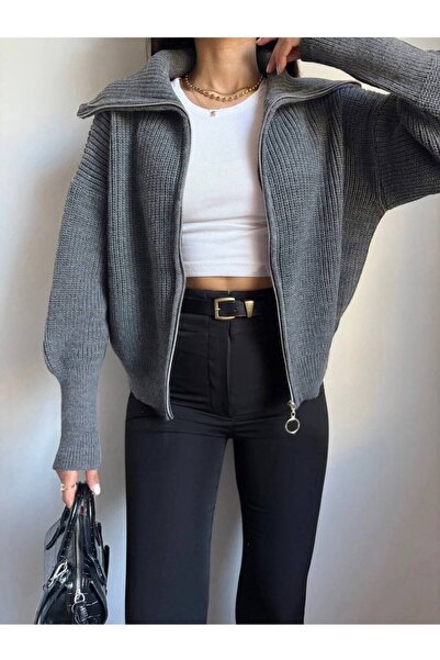 Nopen Knitwear Kadın Devrik Yaka Fermuarlı Triko Hırka