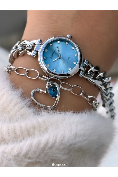 Ferrucci Kadın Saat, Mavi-Gümüş Çelik Zincir Kordon, Mini Kasa,Kalpli Bileklik Hediyeli, Şık Hediyelik Kutuda