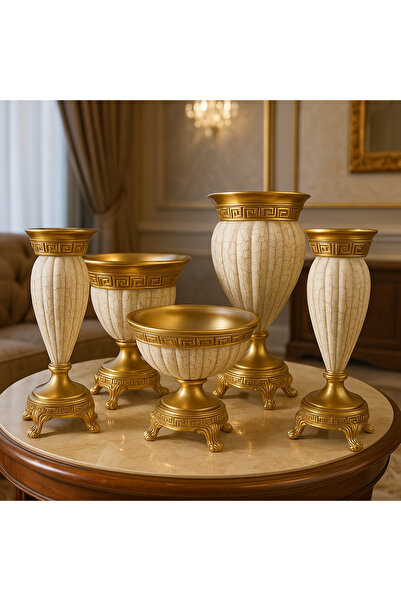 CEMRE Krem Altın Polyester 5’li Salon Vazo Takımı