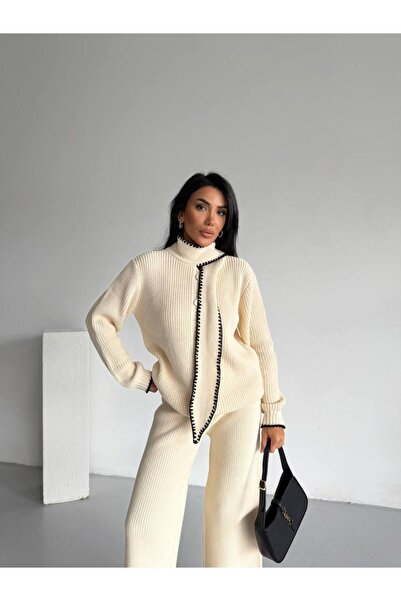 GİYSİ DÜNYASI 57 Knit Fabric Sweater with Kaşgol Look Detailed Sweater Pants 2-Piece Set