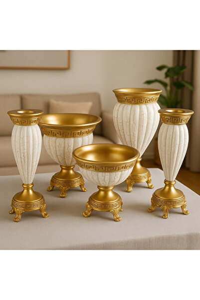 CEMRE Krem Altın Polyester 5’li Salon Vazo Takımı
