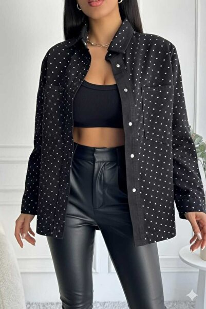 Lores Giyim Kadın Oversize Taşlı Denim Siyah Ceket