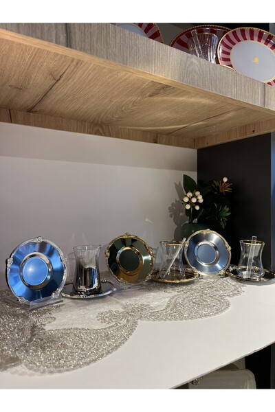 zaTen Pazar 6 Adet Çelik Gül Şerit Detaylı Çay Tabağı