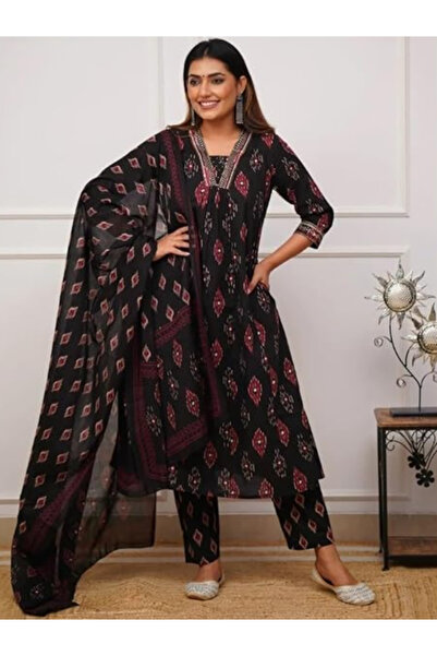 MYSMAR وشاح من القطن الفسكوزي الأسود Salwaar Kameez Dupatta - ALV1073 | أسود