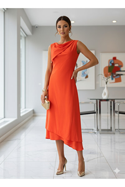 Robes Asimetrik Yaka İnce Askılı Şık Davet Abiye Elbisesi - Midi Boy Mezuniyet Nişan -6724
