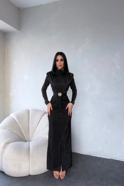 LİLA İSTANBUL Bisiklet Yaka Simli Vatkalı Kemerli Siyah Elbise