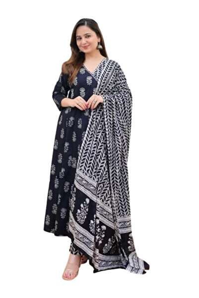 MYSMAR Black Cotton Salwaar Kameez Dupatta - ALV1090 | Black
