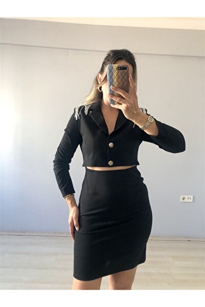 Gözde Tasarım Butik Black Color Open Waist Long Sleeve Short Jacket Dress