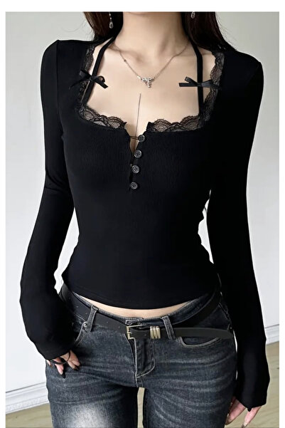 Köstebek Buttoned Lace Square Neck Bow Strap Blouse