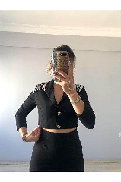 Gözde Tasarım Butik Black Color Open Waist Long Sleeve Short Jacket Dress