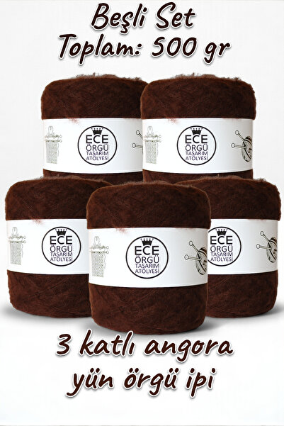 Ece Örgü Tasarım Atölyesi Chestnut, acı kahverengi, 3 katlı angora yün örgü ipi (500 gr.)