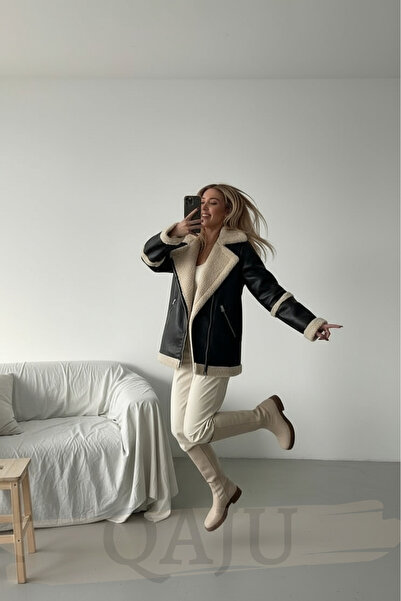 Qaju Women's Faux Leather Fur Detailed Coat