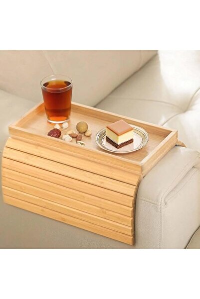 Generic صينية مسند ذراع أريكة من الخيزران من Qniceone، طاولة ذراع أريكة قابلة للطي ومضادة للانزلاق مصنوعة يدويًا للطعام والمشروبات/المشروبات