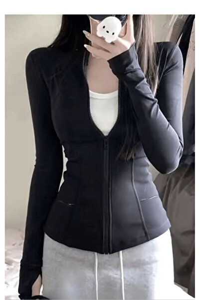 Köstebek Plain Black Zippered Cardigan with Finger Detail