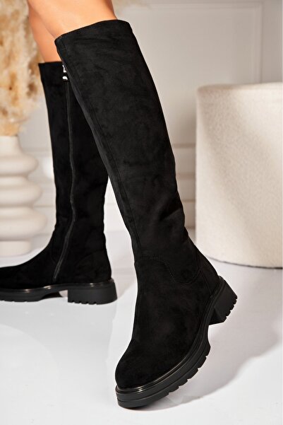 Joana Ghete de damă negre din piele întoarsă artificială, căptușite cu blană, Lindsy