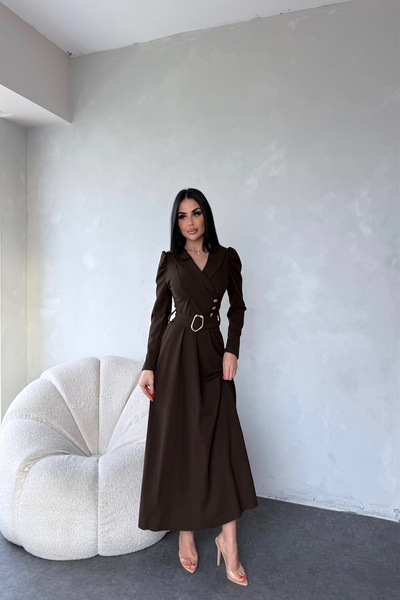 LİLA İSTANBUL Double-Breasted Collar Button Detailed Belted Brown Dress