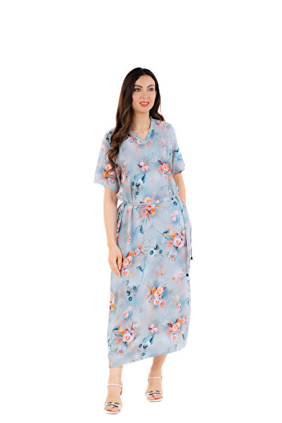 amaan فستان جلابية نسائي متوسط الطول بطبعة زهور، بأكمام قصيرة ورقبة على شكل ح...