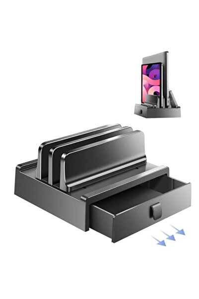 Generic Vertical Laptop Stand with Drawer, Dual Slots Plastic Laptop Holder w...