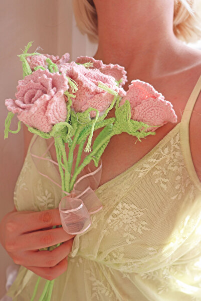 Yenress Collection Örgü Pembe Gül El Yapımı 1 ADET