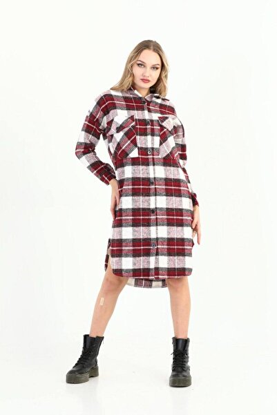 Polologin Butik Bordo Beyaz Çepli Uzun Gömlek Elbise