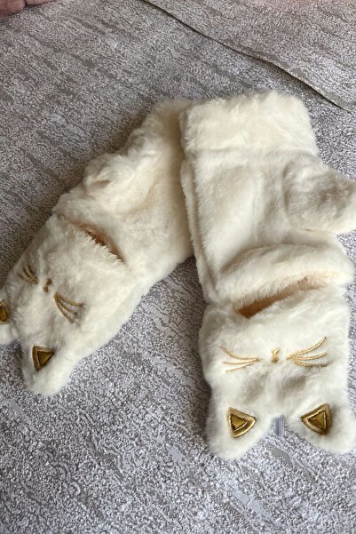 EMKSHOP Plush Cat Embroidered Gloves with Open Fingers and Fur Inside