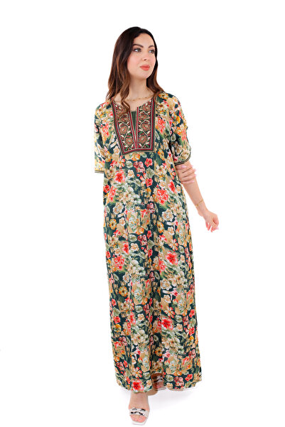amaan Women Floral Jalabiya Dress, Modern Arabic style design with Embroidered Neckline, Sand Crepe Fabric