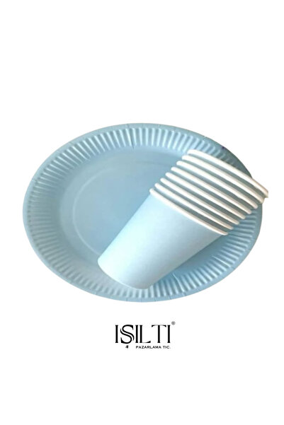 IŞILTIPAZARLAMA Mavi Makaron Pastel Karton Tabak Bardak Set 8 li Parti Malzem...