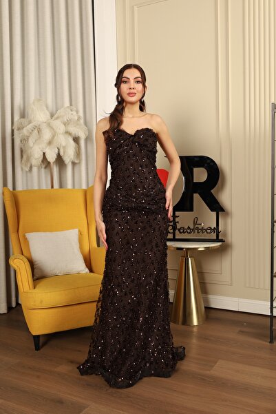 Dr Fashion فستان سهرة بني ماسك مزين بالترتر